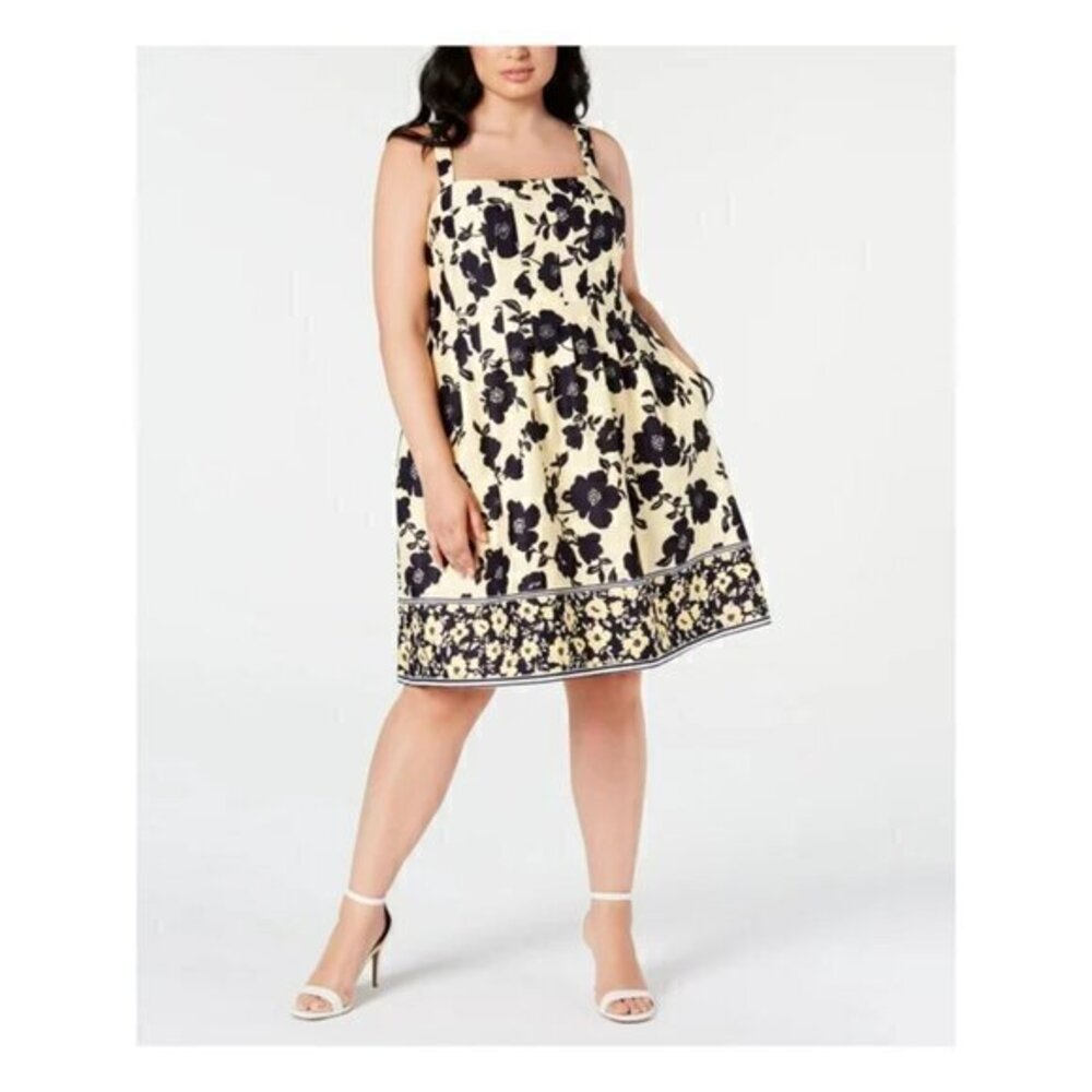 Vince Camuto Yellow Floral Square Neck Pleated Fit & Flare Dress Size 16 NWT